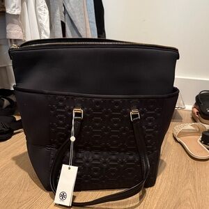 Tory Burch Black Quilted Logo Tote with Gold Hardware